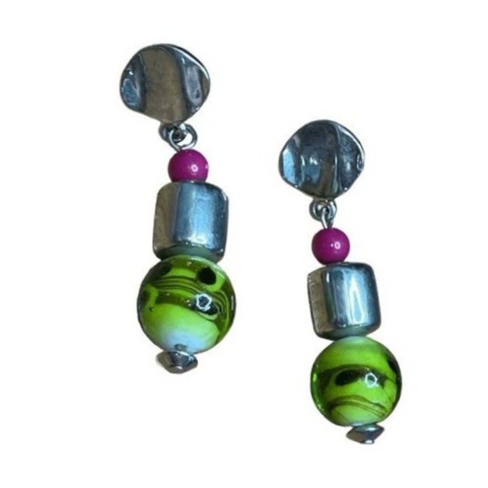 Vintage Y2K Beaded Earrings Green Black Pink Glass Silver Tone Metal Dangle